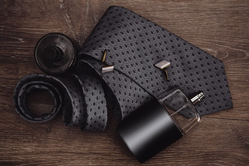 Men's everyday objects on a dark background. business meeting. A