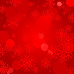 Fototapeta na wymiar Red Christmas background with colorful snowflakes and light reflections. Light illuminating backdrop