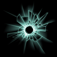 Vector Green Broken Glass Window with Bullet Hole Close up on Dark Black Background