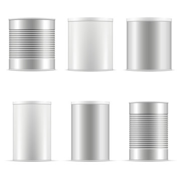 Tin can collection including white can, metal can, aluminum can. Different sizes of cans with plastic cap for baby powder milk, tee, coffee, cereal, and other products. Packaging set. Vector mockup.