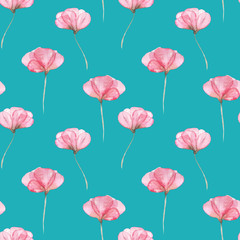 Seamless floral pattern with pink tender flowers hand drawn in watercolor on a bright turquoise background