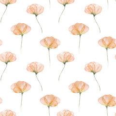 Seamless floral pattern with pink tender flowers hand drawn in watercolor on a white background
