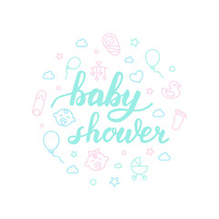 Baby shower lettering with icons. Calligraphy font
