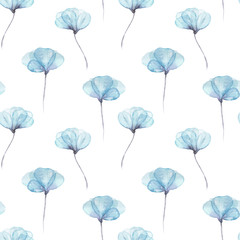 Seamless floral pattern with blue tender flowers hand drawn in watercolor on a white background