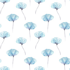 Seamless floral pattern with blue tender flowers hand drawn in watercolor on a white background