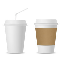 Realistic coffee and paper cups with straw mockup