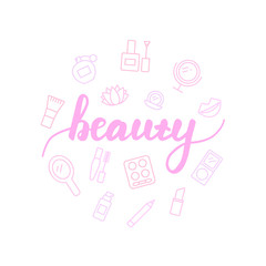 Beauty lettering with icons. Calligraphy font