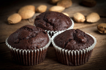 Chocolate muffin on dark background.