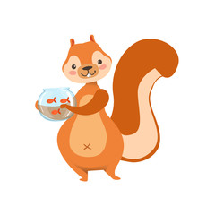 Red Squirrel Holding Aquarium With Pet Gold Fish Humanized Cartoon Cute Forest Animal Character Childish Illustration