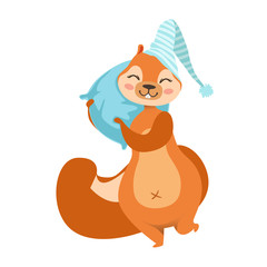 Red Squirrel With A Pillow Going To Sleep Humanized Cartoon Cute Forest Animal Character Childish Illustration