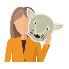 Woman Character in Jacket with Wolf Mask in Hand