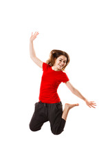 Young woman jumping on white background 