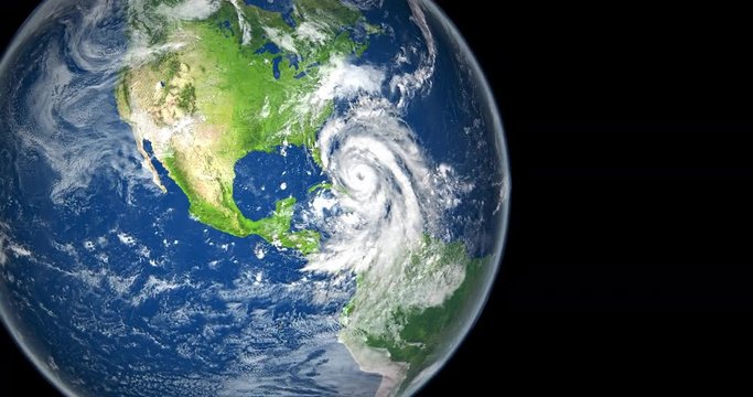 Huge hurricane on planet Earth nearing Florida, USA, viewed from planets orbit. 3D animation. Elements of this image furnished by NASA. 