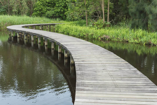 Wooden bridge across in the lake