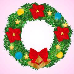 Christmas Wreath with bells, poinsettia flowers and balls. Simple cartoon style. Vector illustration. NY Collection.