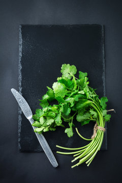 Fresh green coriander, coriander leaves on a black background. Selective focus.