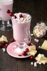 Hot white chocolate with cranberry and marshmallows on dark wooden background. Winter Christmas time. Selective focus. 