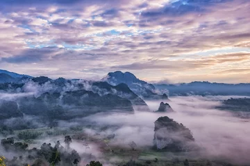 Zelfklevend behang Licht violet Landscape of Morning Mist with Mountain.