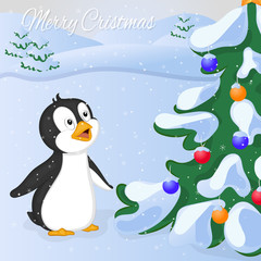 Funny and cute penguin saw Cristmas Tree at the first time. Merry Christmas and Happy New year card. Christmas card in cartoon style. Vector illustration.