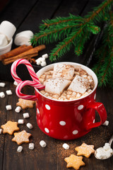 Big red Cup of hot Chocolate drink with Marshmallows