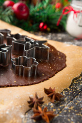 Christmas gingerbread dough, cookie cutters and spices, holiday time