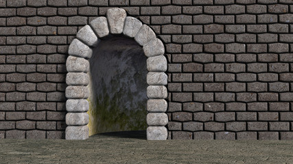 Brick wall with cyclopean boulder arch and bent corridor darkly lit and moldy. 3d render.