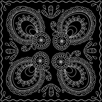 Black and white abstract bandana print with  element henna style. Square pattern design for pillow, carpet, rug. Design for silk neck scarf, kerchief, hanky