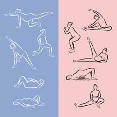 Pregnant Woman Exercise. Outline illustration with set of yoga poses in vector.