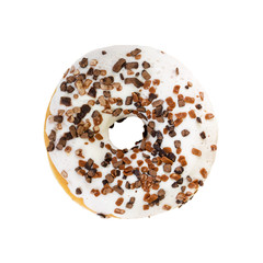 Donut with white icing and chocolate decorations. Top view.