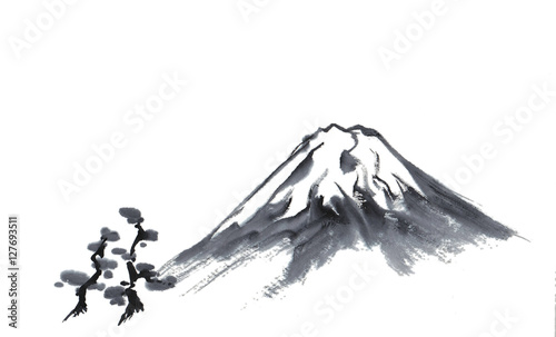 富士山 水墨画 フリー 無料の印刷用ぬりえ