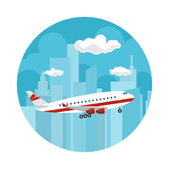 Fototapeta na wymiar Icon Airplane on the Background of the City, Plane Flies to the East, Travel and Tourism Concept , Air Travel and Transportation, Vector Illustration
