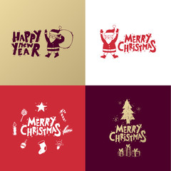 Merry Christmas and happy New Year. Hand drawn vintage style. Postcard, printed matter, greeting card, badges, stickers, website design, labels, internet marketing. Flat design vector illustration.