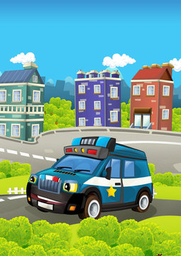 Cartoon stage with different police vehicles - truck - colorful and cheerful scene - illustration for children © honeyflavour