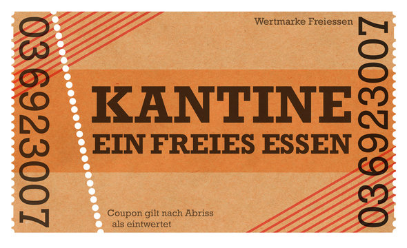 Kantine, Wertmarke, Eintritt, Coupon, Einladung, Freigetr&auml;nk, freies, Essen, Freiessen  altes Ticket Abrei&szlig;ticket Abrisskarte Ticket mit Perforierung Eintrittskarte Abriss Abri&szlig; mit L&ouml;chern