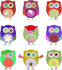 Fotobehang Set of nine cartoon owls with various emotions © fotoscool