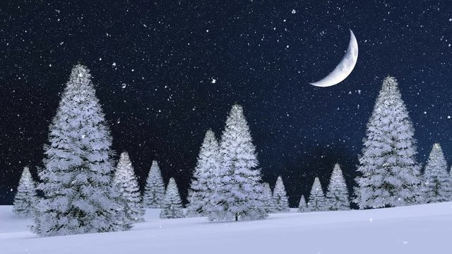Dreamlike winter landscape with snowy firs among snowdrifts and fantastic big half moon in dark sky at calm snowfall night. 3D animation rendered in 4K