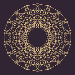 Abstract line border frame background with delicate golden lace contour doily isolated on dark background. Space for invitations, promotional poster or greeting cards text. Vector illustration eps