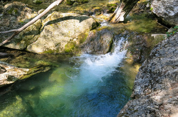 mountain river in the bottom of the canyon in a forest