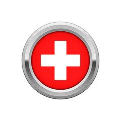Round silver badge with Swiss flag