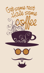 banner with the head of a mustachioed man with a cup of coffee