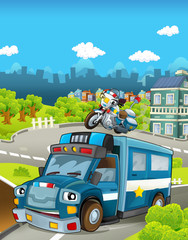 Cartoon stage with different police vehicles  - truck and motorbike - colorful and cheerful scene - illustration for children