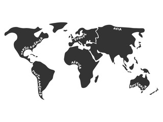 World map divided to six continents in dark grey - North America, South America, Africa, Europe, Asia and Australia Oceania. Simplified silhouette vector map with continent name labels curved by