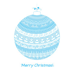 Greeting color Christmas card with Hand drawn ball with doodle decorative elements. Blue pattern holiday greeting or invitation cards, print, wrapping paper. Vector illustration.