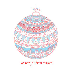 Greeting color Christmas card with Hand drawn ball with doodle decorative elements. Blue and red pattern holiday greeting or invitation cards, print, wrapping paper. Vector illustration.