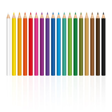 Crayons - colorful set, with wood textured tips, upright standing in a row.