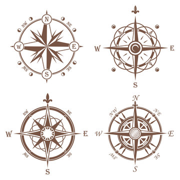 Isolated vintage or old compass rose icons