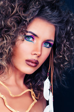 Fashion Beauty Portrait of Pretty Woman. Hairstyle, Makeup, Bron