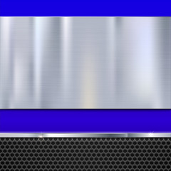 Shiny brushed metal plate with screws. Stainless steel banner on blue polished background with metal strip and black mesh, vector illustration for you