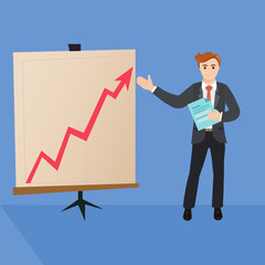 Handsome manager in formal suit is giving a presentation and showing graphs. Cartoon character - cute businessman. Report, training. Stock vector illustration in flat design.