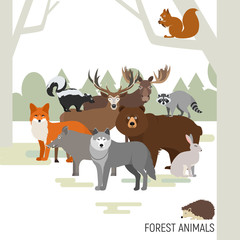 Forest animals vector. Moose, wild boar, bear, fox, rabbit wolf skunk raccoon deer squirrel hedgehog